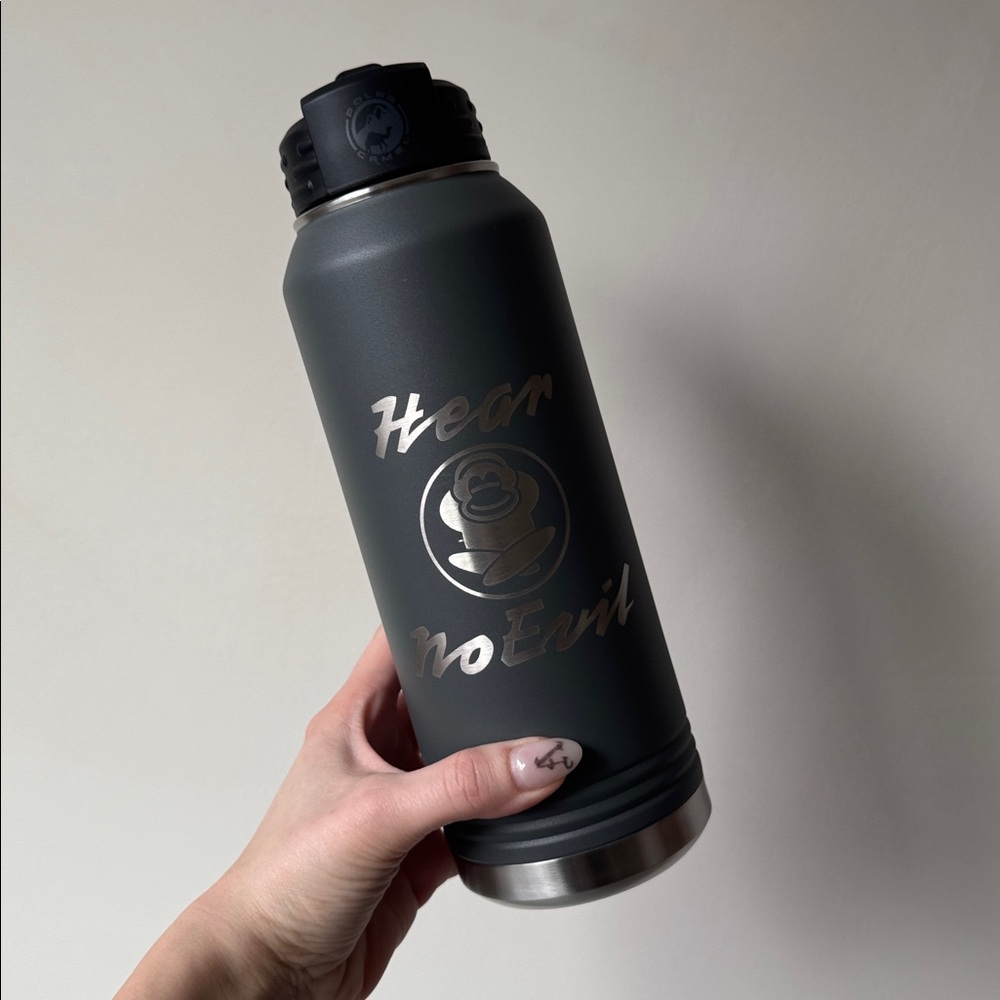 POLAR CAMEL “HEAR NO EVIL” GREY STAINLESS STEEL WATER BOTTLE 32 OZ